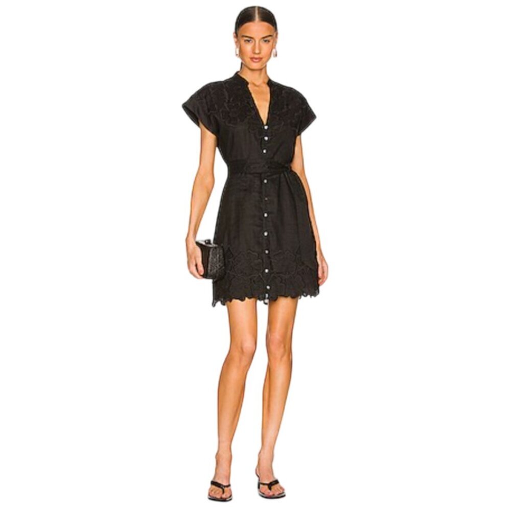 Veronica Beard Archie Mini Dress Womens 2 Black Belted V-Neck Short Sleeve Ramie